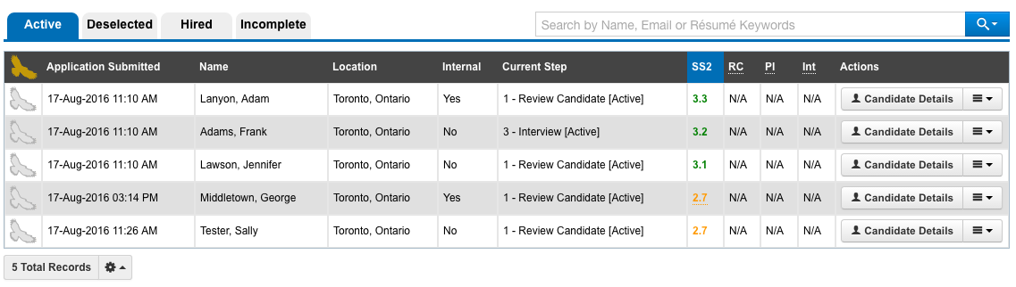 Screenshot of track candidates by screen